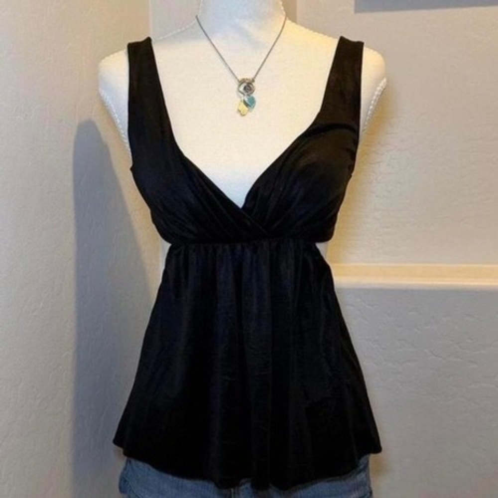 Black Halo Black Satin Babydoll Tank Top XS Y2K‎ Deep V Empire Waist